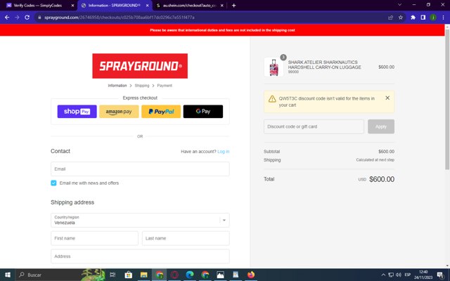 Sprayground checkout page showing Sprayground discount code box | Screenshot taken by SimplyCodes community member on Nov 24, 2023