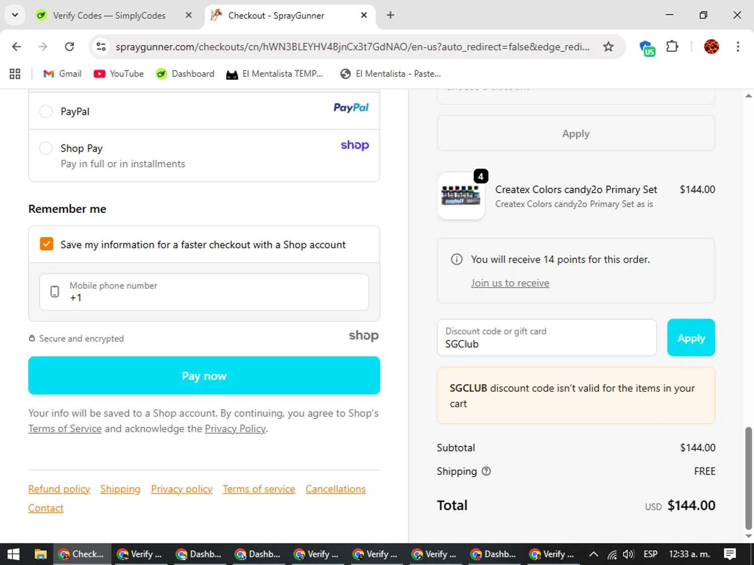 SprayGunner discount code screenshot showing code SGClub applied at SprayGunner checkout page. Uploaded by SimplyCodes community member Rodolfo on Sep 20, 2025