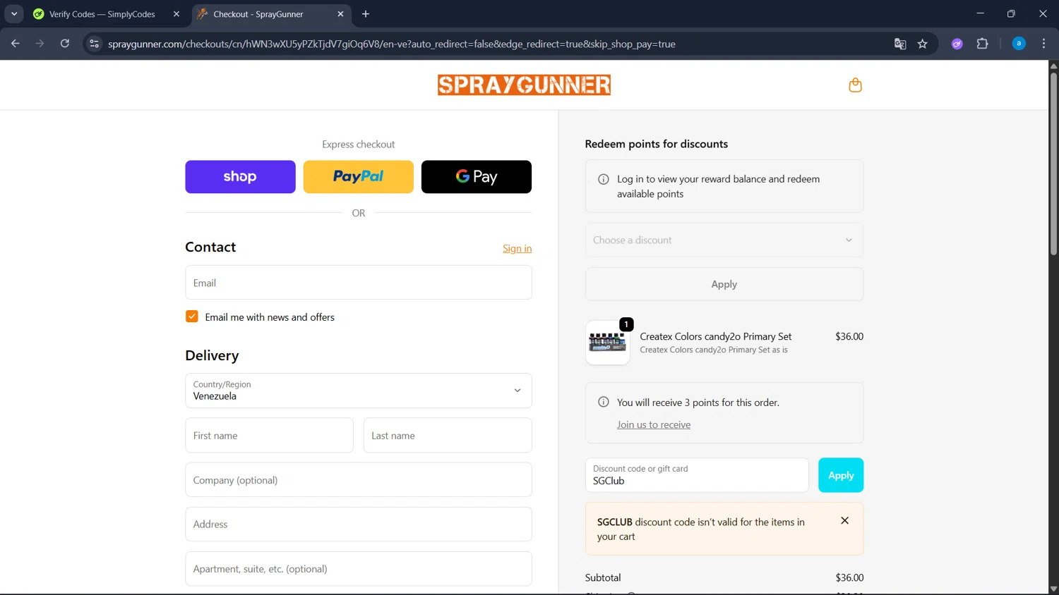 SprayGunner discount code screenshot showing code SGClub applied at SprayGunner checkout page. Uploaded by SimplyCodes community member WiseHawk9255 on Oct 10, 2025