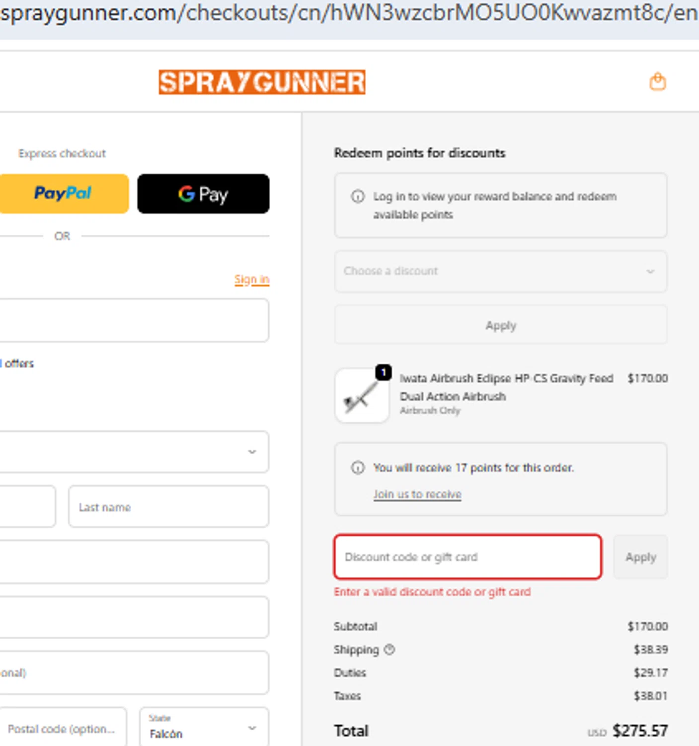SprayGunner discount code screenshot showing code 10OFFABD applied at SprayGunner checkout page. Uploaded by SimplyCodes community member PennyOwl2559 on Oct 10, 2025