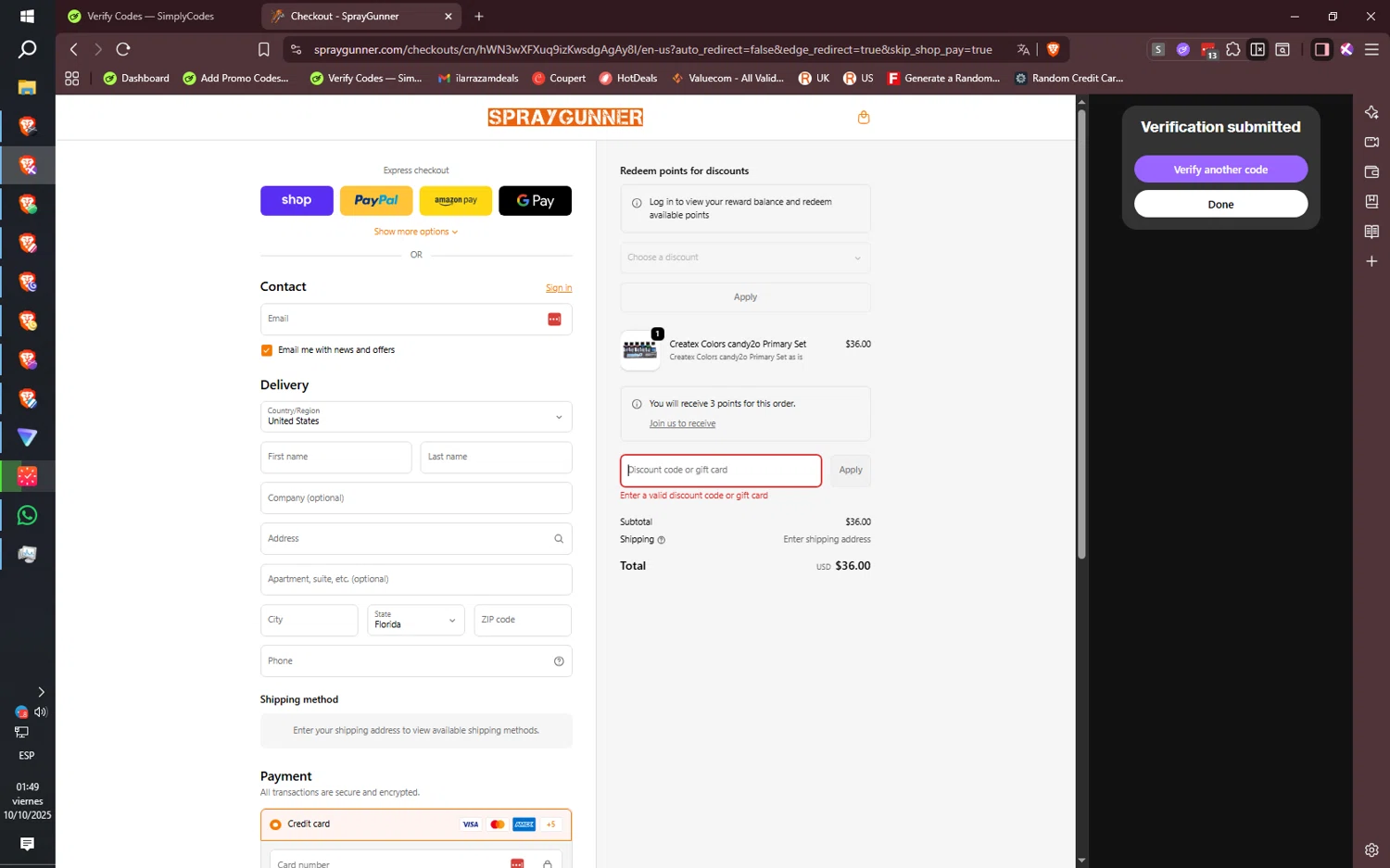 SprayGunner discount code screenshot showing code 7OFFABD applied at SprayGunner checkout page. Uploaded by SimplyCodes community member CoreSeeker9184 on Oct 10, 2025
