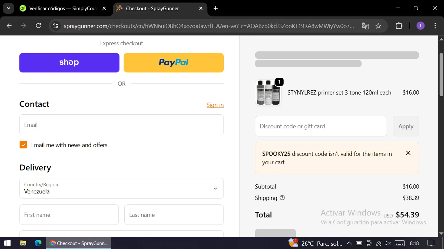 SprayGunner discount code screenshot showing code Spooky25 applied at SprayGunner checkout page. Uploaded by SimplyCodes community member AGP44456545 on Dec 27, 2025