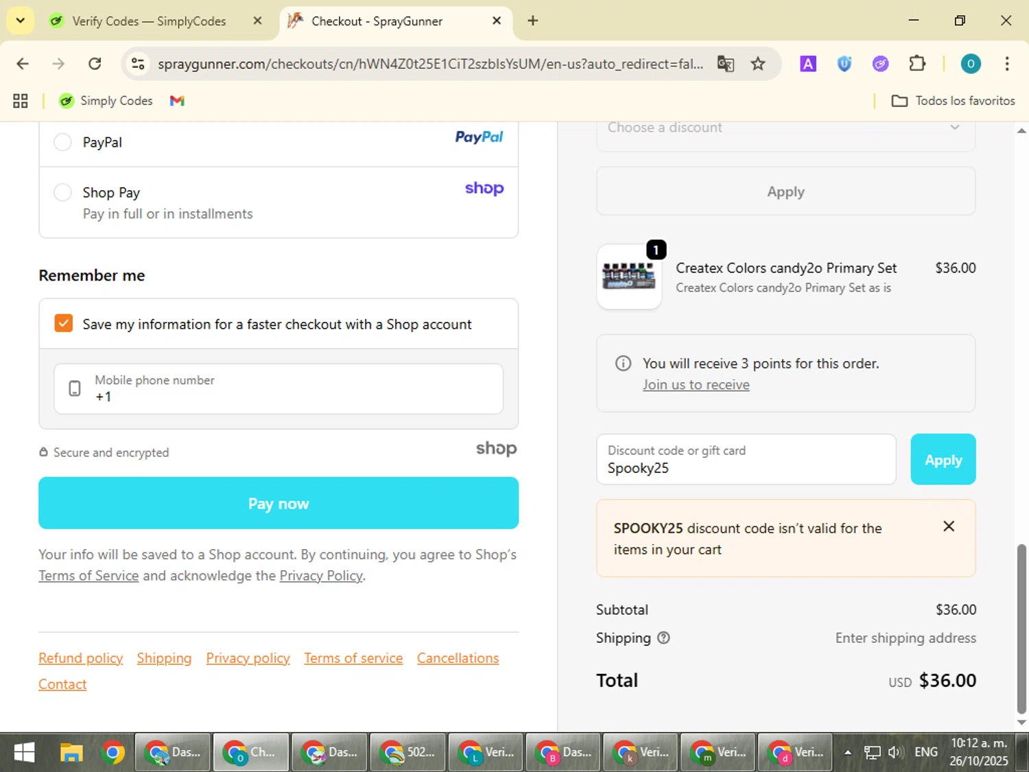 SprayGunner discount code screenshot showing code Spooky25 applied at SprayGunner checkout page. Uploaded by SimplyCodes community member BudgetSeeker9524 on Oct 26, 2025