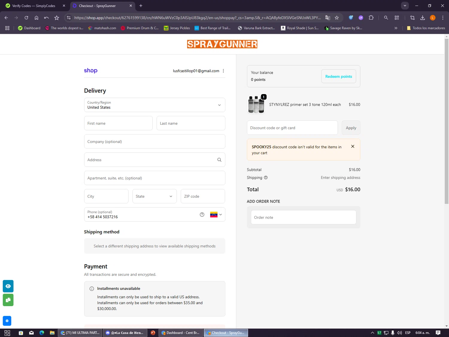 SprayGunner discount code screenshot showing code Spooky25 applied at SprayGunner checkout page. Uploaded by SimplyCodes community member VayneChambeadora on Dec 27, 2025
