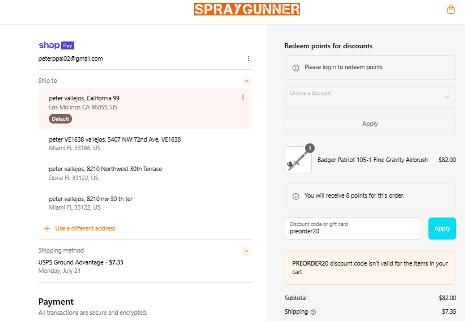 SprayGunner discount code screenshot showing code preorder20 applied at SprayGunner checkout page. Uploaded by SimplyCodes community member ricardoramirez1 on Jul 12, 2025