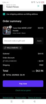 WELCOME492 coupon verification screenshot