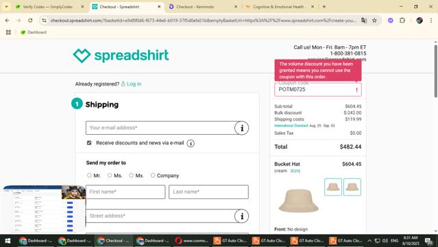 Spreadshirt checkout page showing Spreadshirt coupon code box | Screenshot taken by SimplyCodes community member on Aug 10, 2025