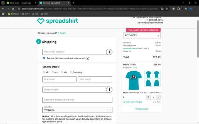 Spreadshirt checkout page showing Spreadshirt coupon code box | Screenshot taken by SimplyCodes community member on Aug 17, 2025