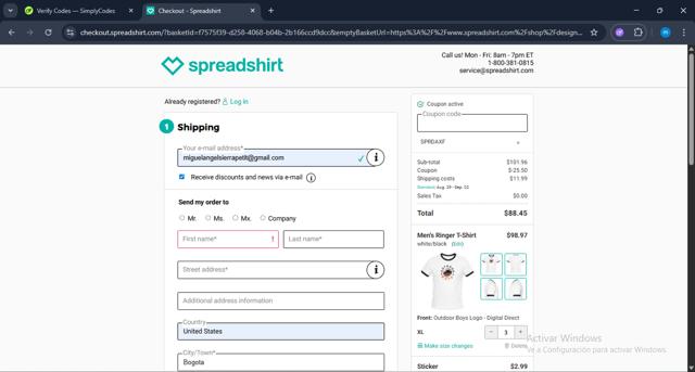 Spreadshirt checkout page showing Spreadshirt coupon code box | Screenshot taken by SimplyCodes community member on Aug 23, 2025