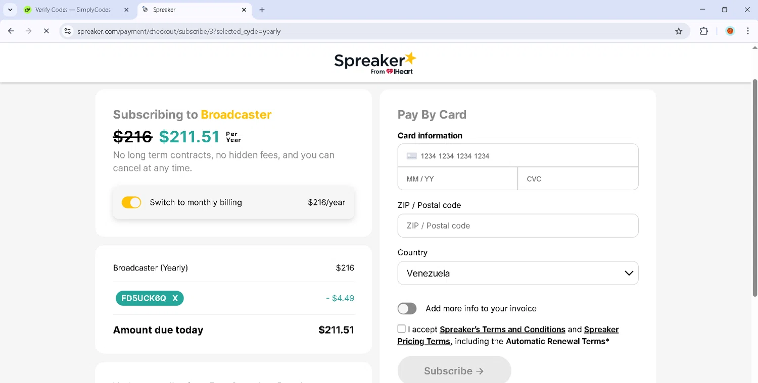 Spreaker promo code screenshot showing code FD5UCK6Q applied at Spreaker checkout page. Uploaded by SimplyCodes community member Estefani4 on Nov 29, 2025