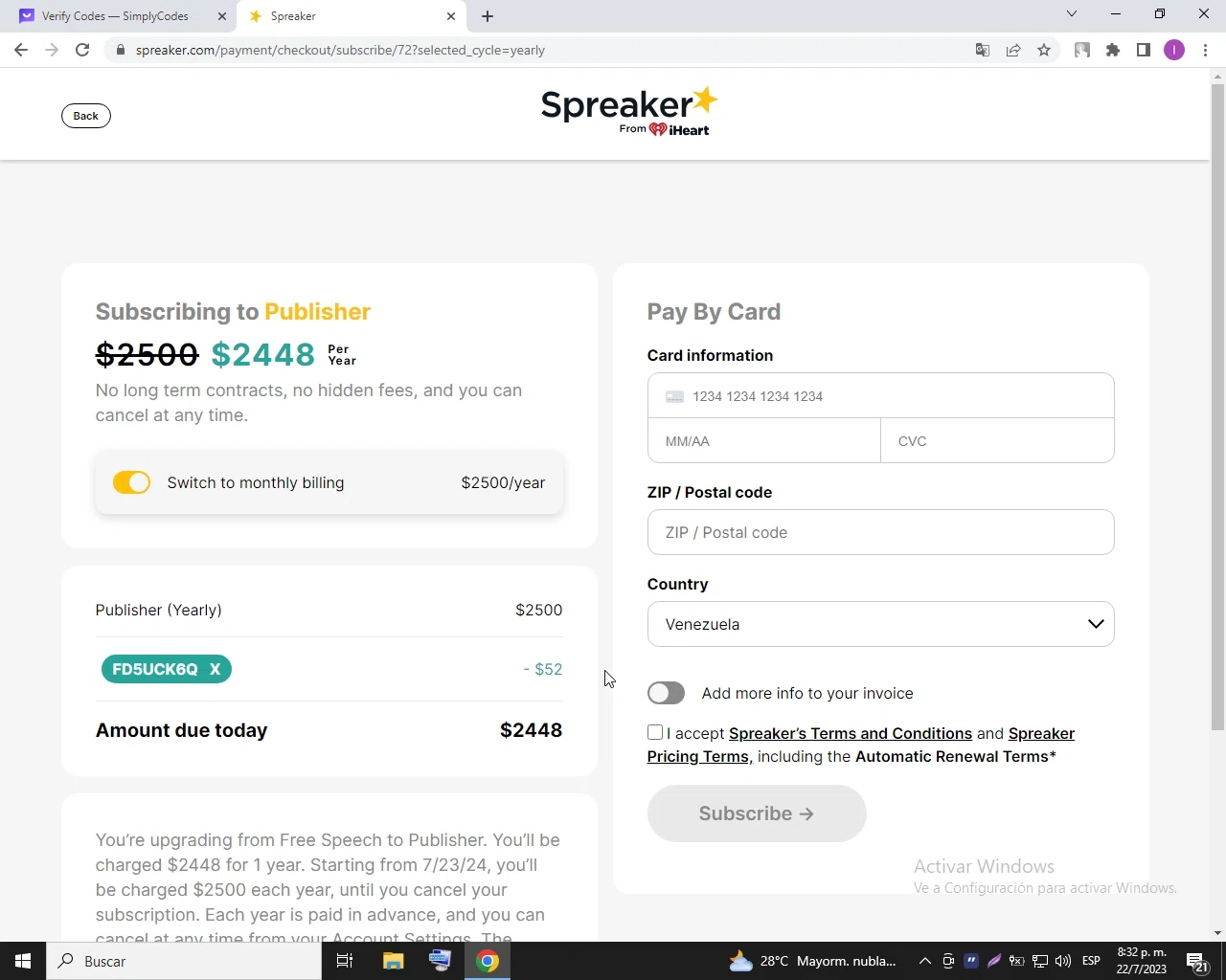 Spreaker checkout page showing Spreaker promo code box | Screenshot taken by SimplyCodes community member on Jul 22, 2023