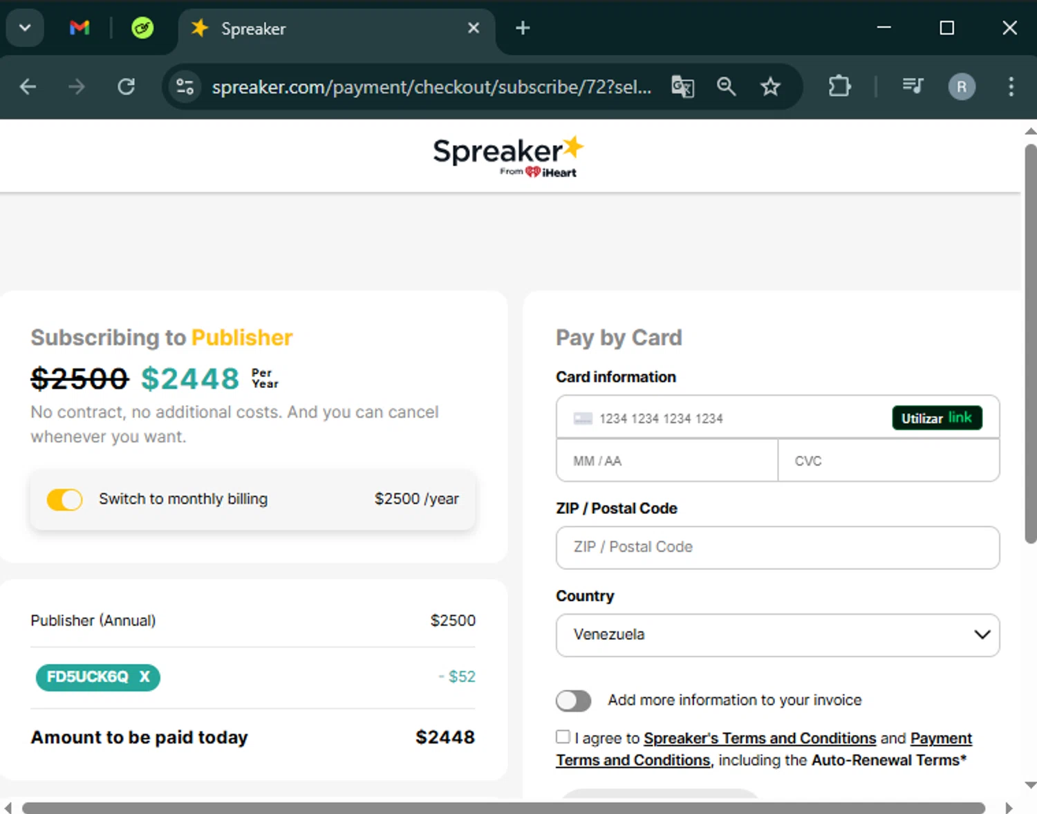 Spreaker promo code screenshot showing code FD5UCK6Q applied at Spreaker checkout page. Uploaded by SimplyCodes community member PrimeWhiz5416 on Mar 30, 2025