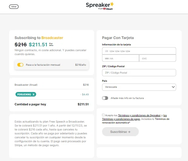 Spreaker checkout page showing Spreaker promo code box | Screenshot taken by SimplyCodes community member on Nov 12, 2022