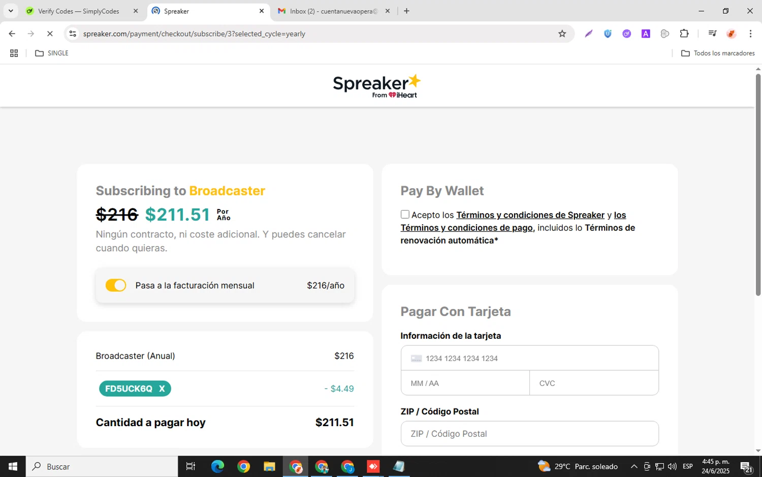 Spreaker promo code screenshot showing code FD5UCK6Q applied at Spreaker checkout page. Uploaded by SimplyCodes community member chemozavala on Jun 24, 2025