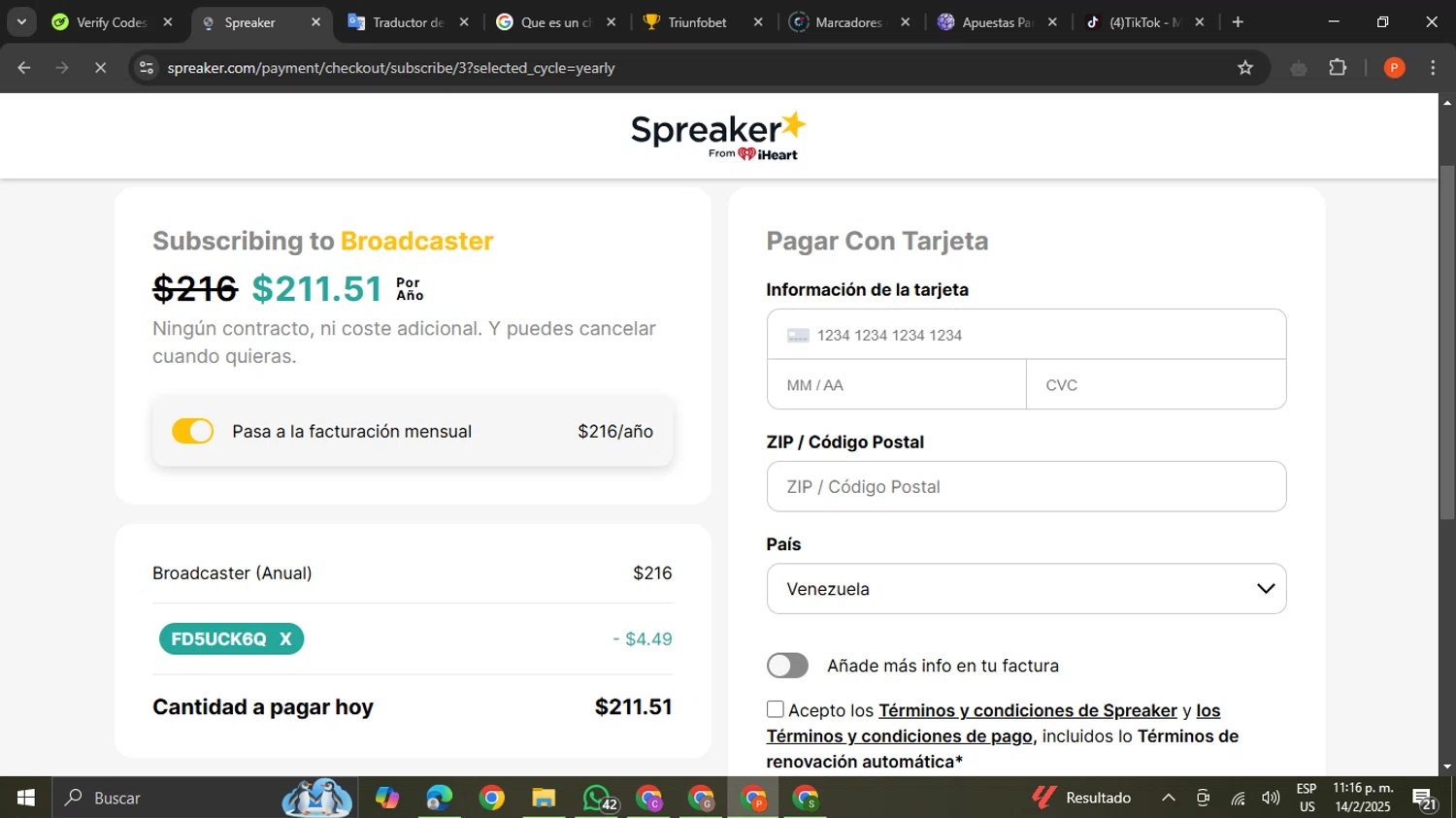 Spreaker checkout page showing Spreaker promo code box | Screenshot taken by SimplyCodes community member on Feb 15, 2025