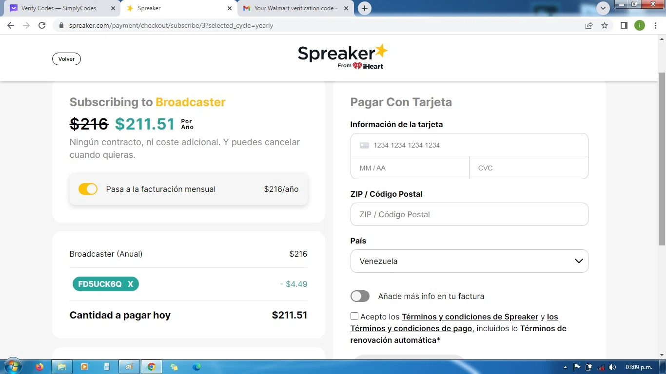 Spreaker checkout page showing Spreaker promo code box | Screenshot taken by SimplyCodes community member on Jul 30, 2023