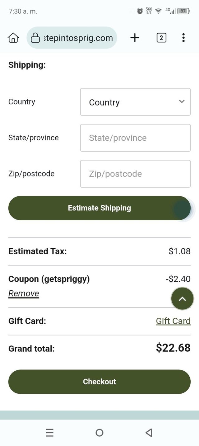 Sprig by Kohler checkout page showing Sprig by Kohler promo code box | Screenshot taken by SimplyCodes community member on Jan 21, 2025