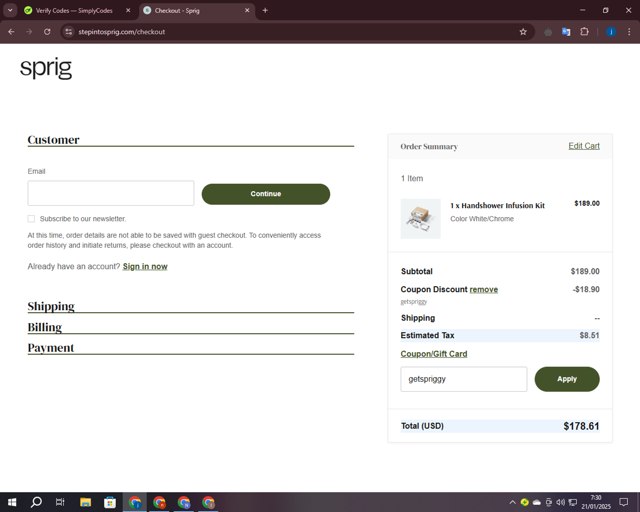 Sprig by Kohler checkout page showing Sprig by Kohler promo code box | Screenshot taken by SimplyCodes community member on Jan 21, 2025