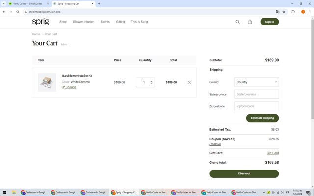 Sprig by Kohler checkout page showing Sprig by Kohler promo code box | Screenshot taken by SimplyCodes community member on Sep 1, 2024