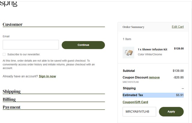 Sprig by Kohler checkout page showing Sprig by Kohler promo code box | Screenshot taken by SimplyCodes community member on Oct 25, 2024