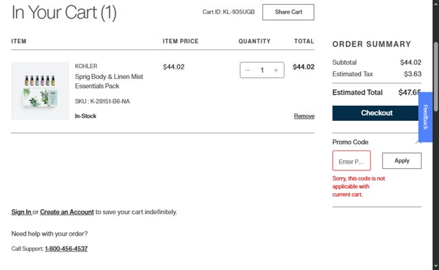 Sprig by Kohler checkout page showing Sprig by Kohler promo code box | Screenshot taken by SimplyCodes community member on Sep 5, 2025