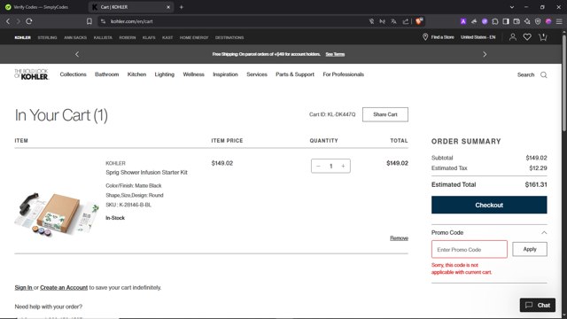 Sprig by Kohler checkout page showing Sprig by Kohler promo code box | Screenshot taken by SimplyCodes community member on Jun 4, 2025