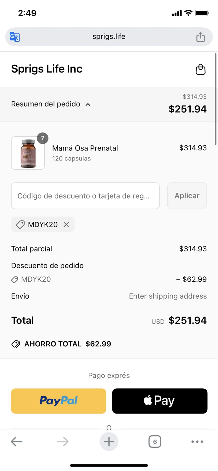 Sprigs Life promo code screenshot showing code MDYK20 applied at Sprigs Life checkout page. Uploaded by SimplyCodes community member morapr on May 12, 2025