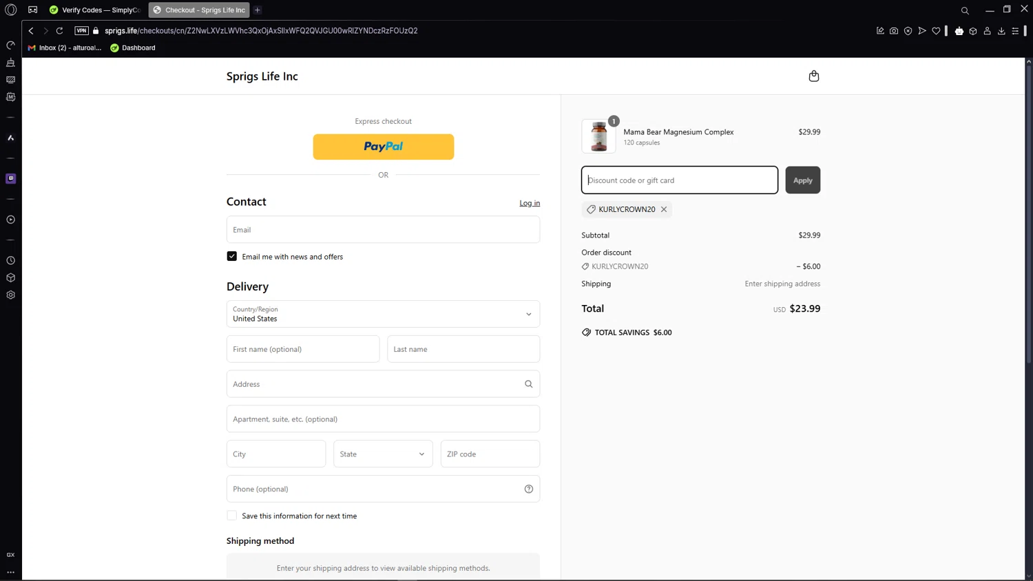 Sprigs Life promo code screenshot showing code KURLYCROWN20 applied at Sprigs Life checkout page. Uploaded by SimplyCodes community member CleverSage7079 on Apr 5, 2025