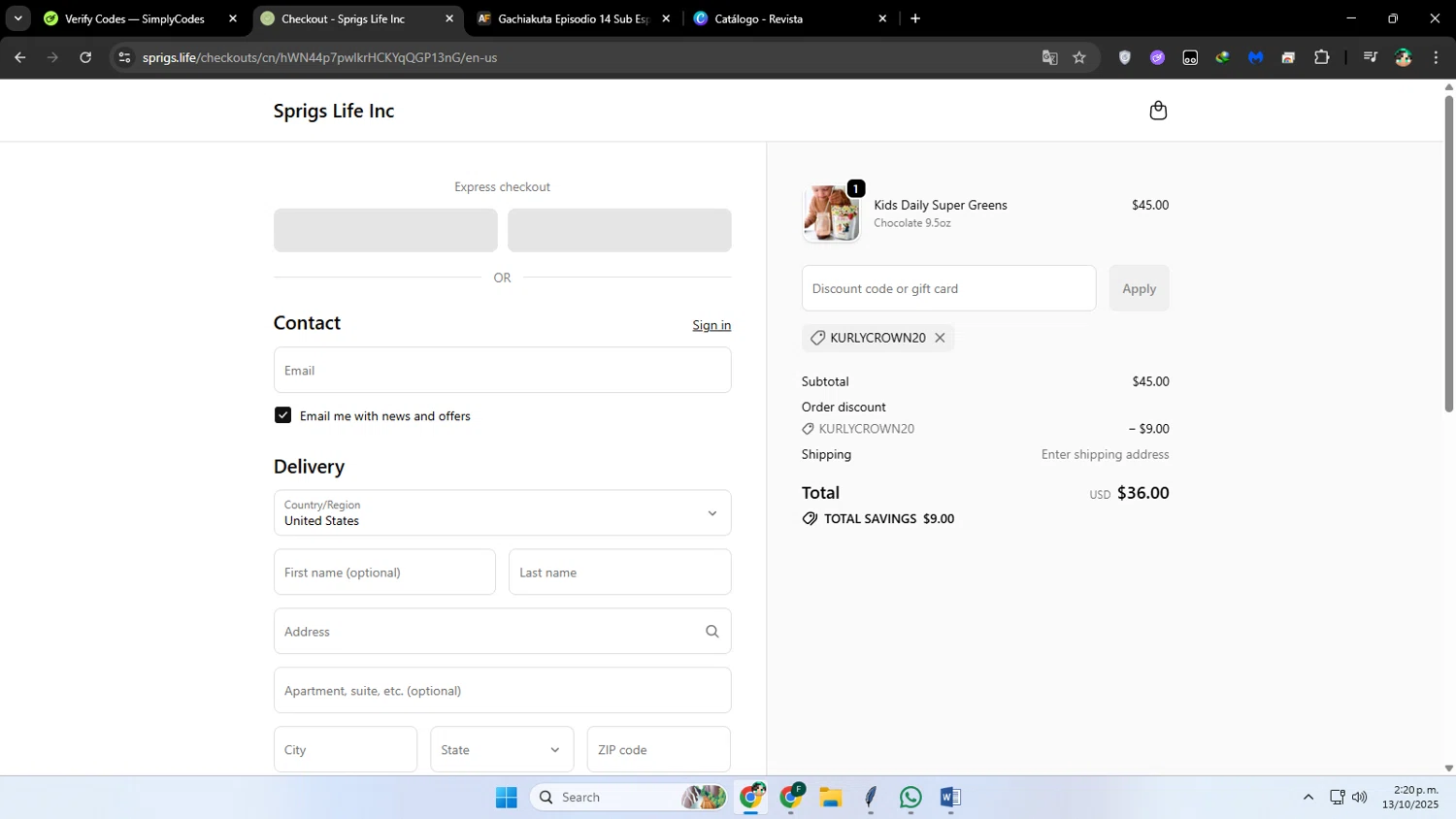 Sprigs Life promo code screenshot showing code KURLYCROWN20 applied at Sprigs Life checkout page. Uploaded by SimplyCodes community member franalepe on Oct 13, 2025