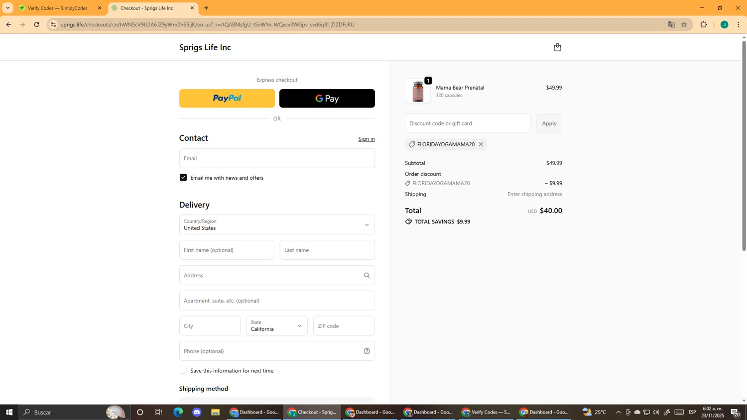 Sprigs Life promo code screenshot showing code FLORIDAYOGAMAMA20 applied at Sprigs Life checkout page. Uploaded by SimplyCodes community member DealScout5970 on Nov 23, 2025
