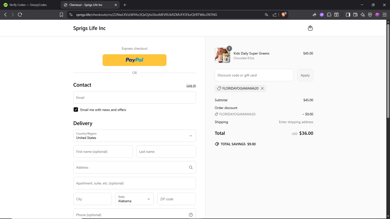 Sprigs Life promo code screenshot showing code FLORIDAYOGAMAMA20 applied at Sprigs Life checkout page. Uploaded by SimplyCodes community member Morrachida04 on Jun 30, 2025