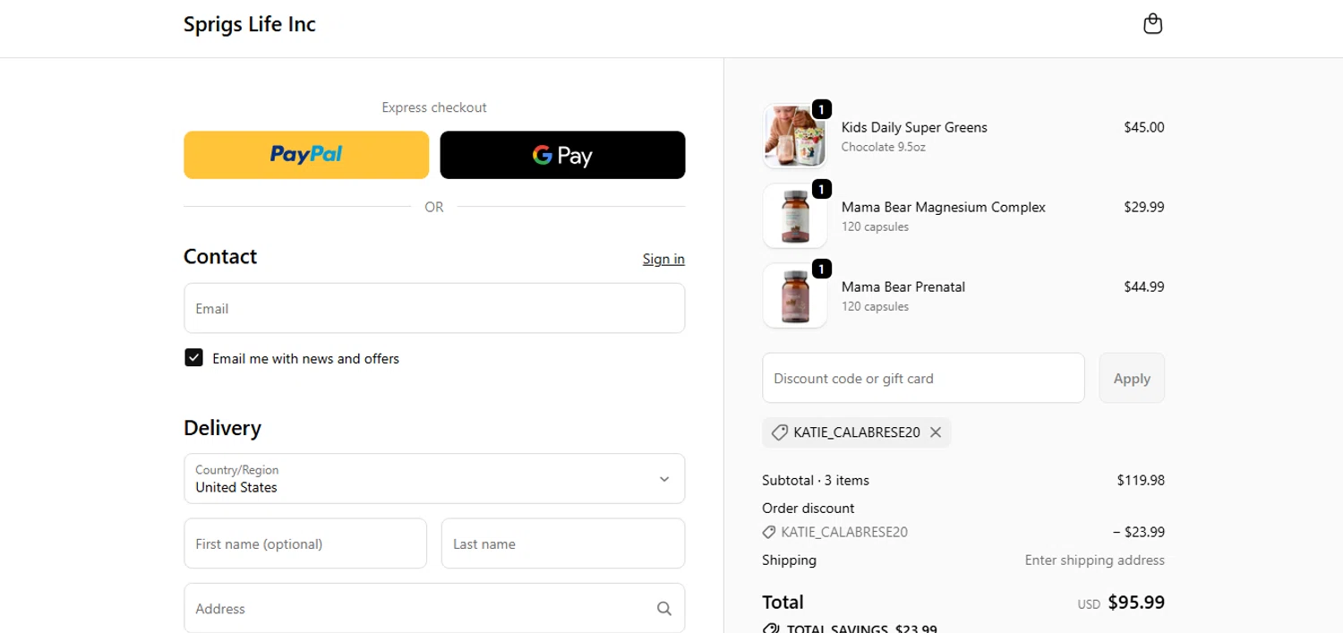 Sprigs Life promo code screenshot showing code katie_calabrese20 applied at Sprigs Life checkout page. Uploaded by SimplyCodes community member MoneyHunter5624 on Oct 31, 2025