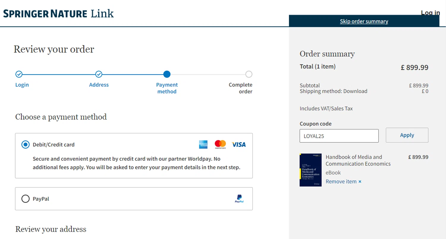 SpringerLink coupon code screenshot showing code LOYAL25 applied at SpringerLink checkout page. Uploaded by SimplyCodes community member SavvyHawk656 on Dec 19, 2025