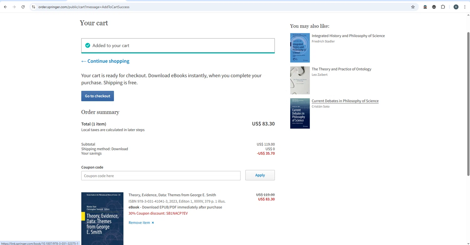 SpringerLink coupon code screenshot showing code SB1NACP7EV applied at SpringerLink checkout page. Uploaded by SimplyCodes community member rafaelmarquez on Oct 22, 2025