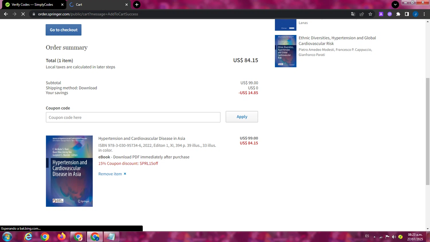 SpringerLink coupon code screenshot showing code SPRL15OFF applied at SpringerLink checkout page. Uploaded by SimplyCodes community member ExtraordinaryPhoenix9295 on Jul 27, 2025