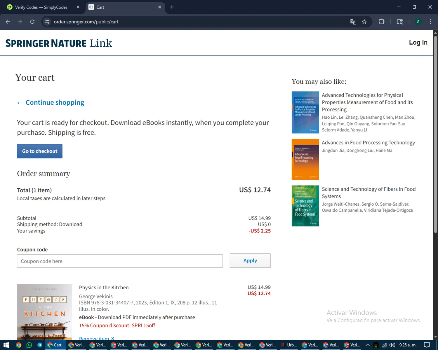 SpringerLink coupon code screenshot showing code SPRL15OFF applied at SpringerLink checkout page. Uploaded by SimplyCodes community member lilMosey on Aug 25, 2025