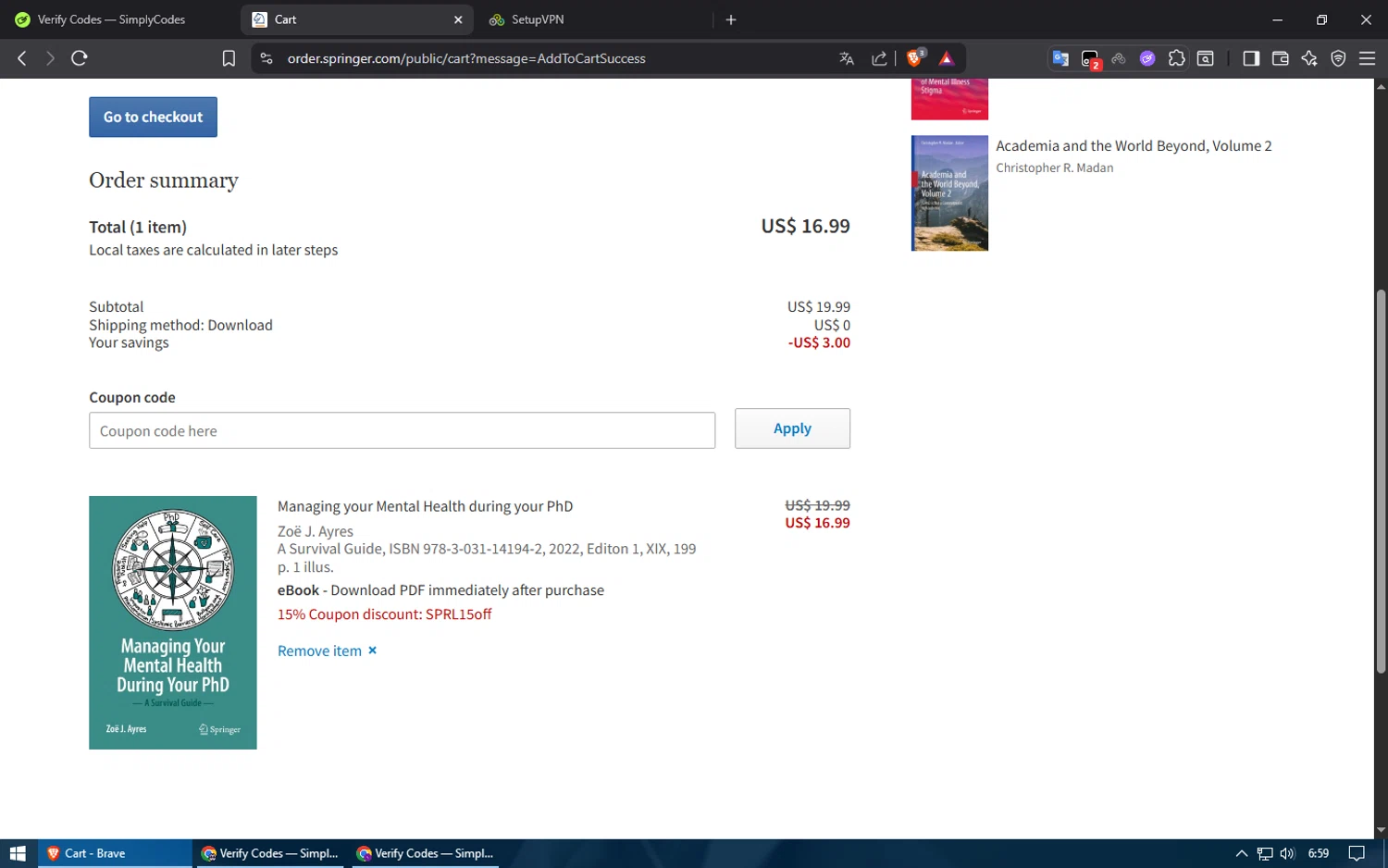 SpringerLink coupon code screenshot showing code SPRL15OFF applied at SpringerLink checkout page. Uploaded by SimplyCodes community member usuario500 on Sep 23, 2025