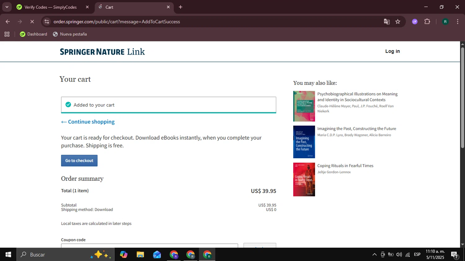 SpringerLink coupon code screenshot showing code special10off applied at SpringerLink checkout page. Uploaded by SimplyCodes community member Coneflavols on Nov 5, 2025