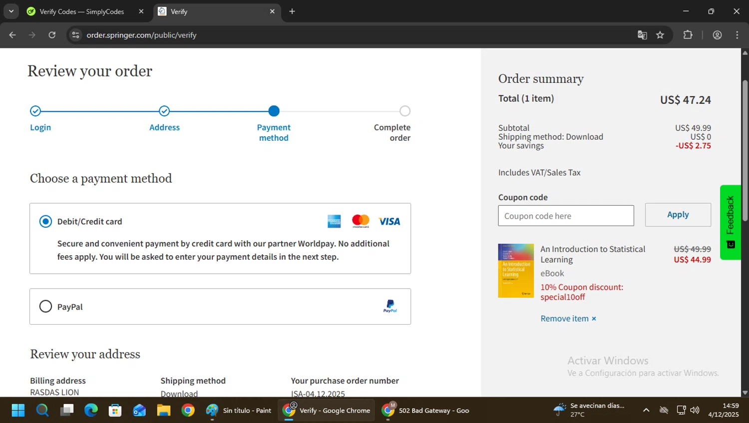 SpringerLink coupon code screenshot showing code special10off applied at SpringerLink checkout page. Uploaded by SimplyCodes community member CrownPhoenix4297 on Dec 4, 2025
