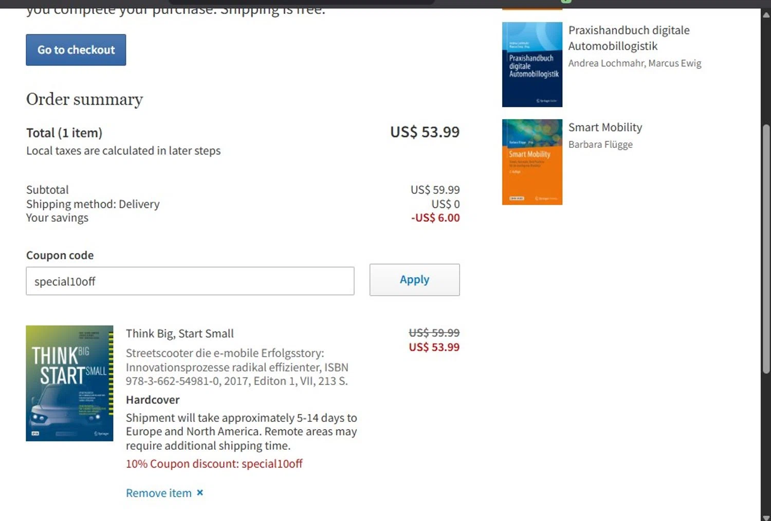 SpringerLink coupon code screenshot showing code special10off applied at SpringerLink checkout page. Uploaded by SimplyCodes community member Axlqbi on Oct 8, 2025