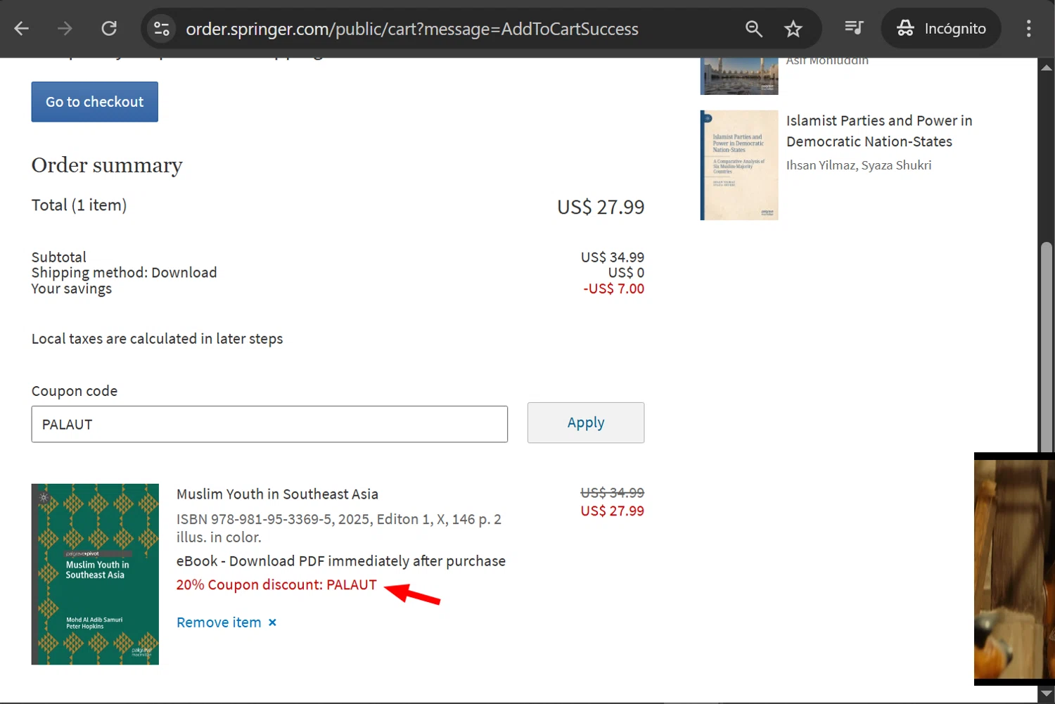 SpringerLink coupon code screenshot showing code PALAUT applied at SpringerLink checkout page. Uploaded by SimplyCodes community member anosesmith on Dec 8, 2025
