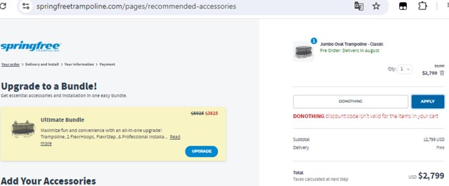 Springfree Trampoline checkout page showing Springfree Trampoline promo code box | Screenshot taken by SimplyCodes community member on Aug 5, 2024