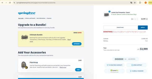 Springfree Trampoline checkout page showing Springfree Trampoline promo code box | Screenshot taken by SimplyCodes community member on Nov 5, 2024