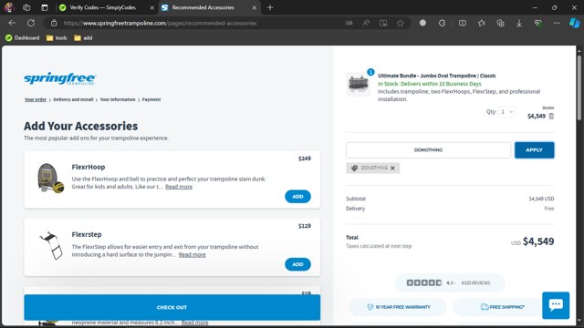 Springfree Trampoline checkout page showing Springfree Trampoline promo code box | Screenshot taken by SimplyCodes community member on Sep 3, 2024