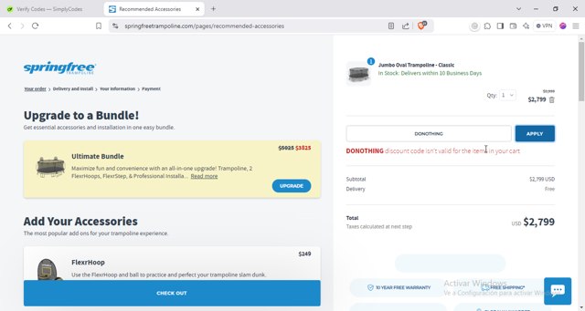Springfree Trampoline checkout page showing Springfree Trampoline promo code box | Screenshot taken by SimplyCodes community member on Nov 11, 2024