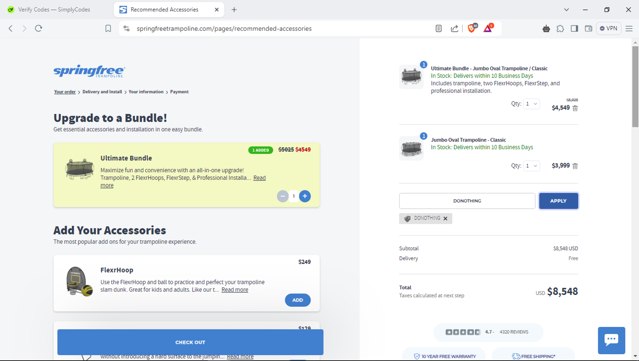 Springfree Trampoline checkout page showing Springfree Trampoline promo code box | Screenshot taken by SimplyCodes community member on Sep 10, 2024