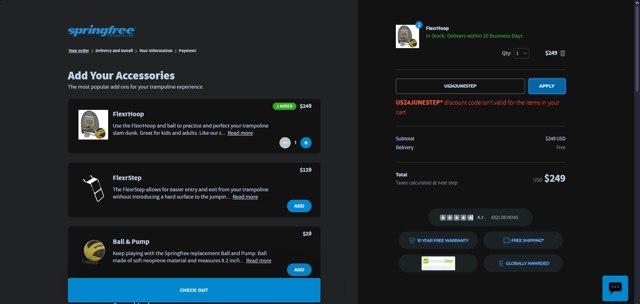 Springfree Trampoline checkout page showing Springfree Trampoline promo code box | Screenshot taken by SimplyCodes community member on Oct 5, 2024