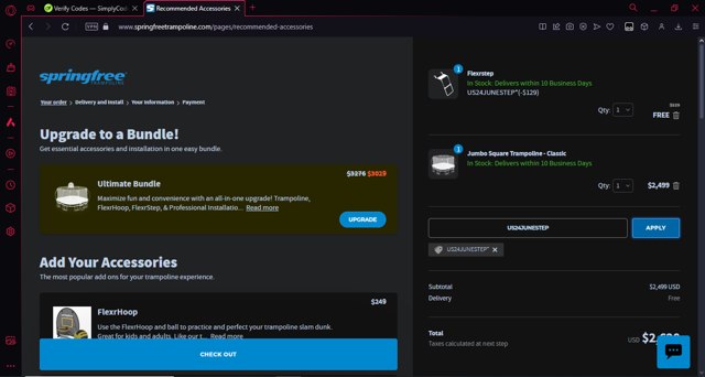 Springfree Trampoline checkout page showing Springfree Trampoline promo code box | Screenshot taken by SimplyCodes community member on Aug 23, 2024