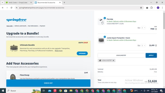 Springfree Trampoline checkout page showing Springfree Trampoline promo code box | Screenshot taken by SimplyCodes community member on Jul 26, 2024