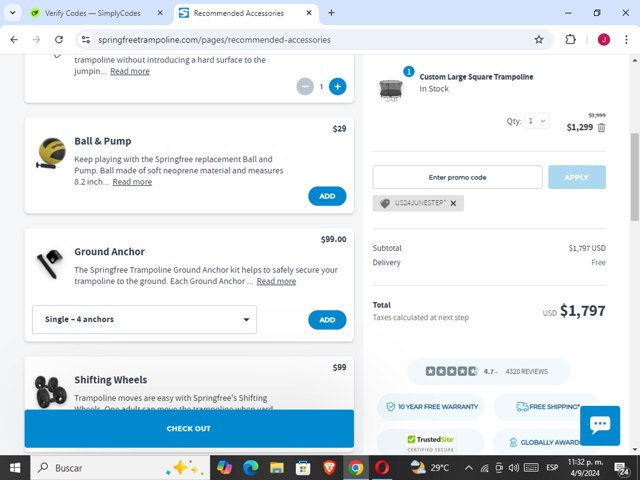 Springfree Trampoline checkout page showing Springfree Trampoline promo code box | Screenshot taken by SimplyCodes community member on Sep 5, 2024